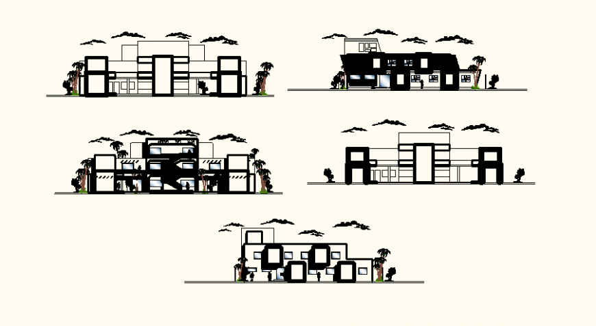 Different axis elevation of hotel area in design dwg file