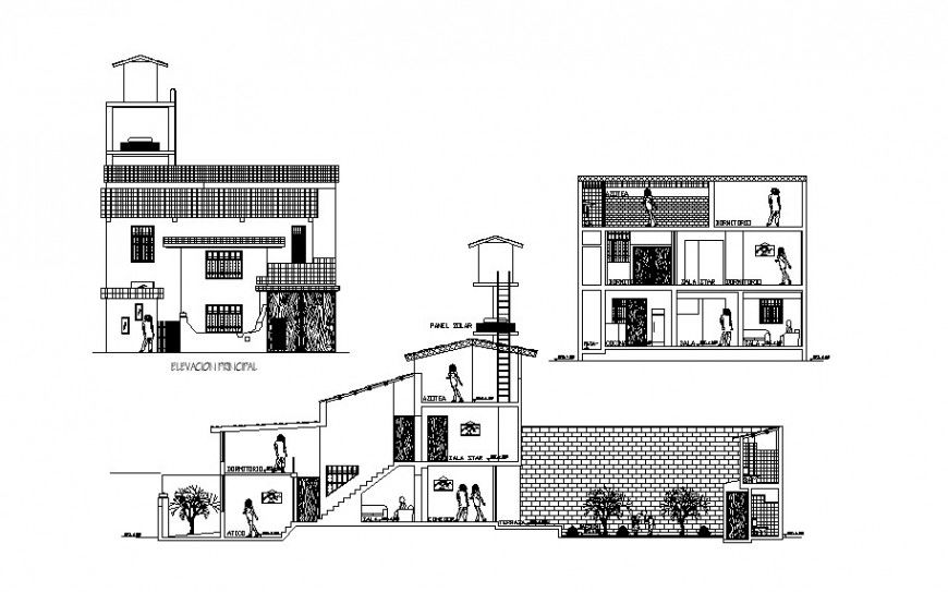 Different axis elevation of residential area design of architectural work dwg file