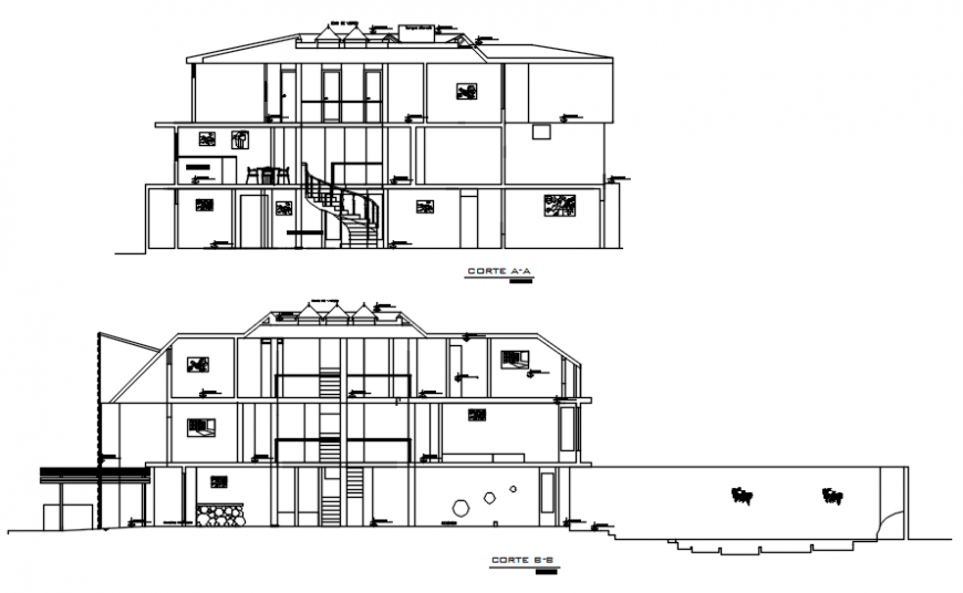 Different axis sectional elevation of hotel auto cad file