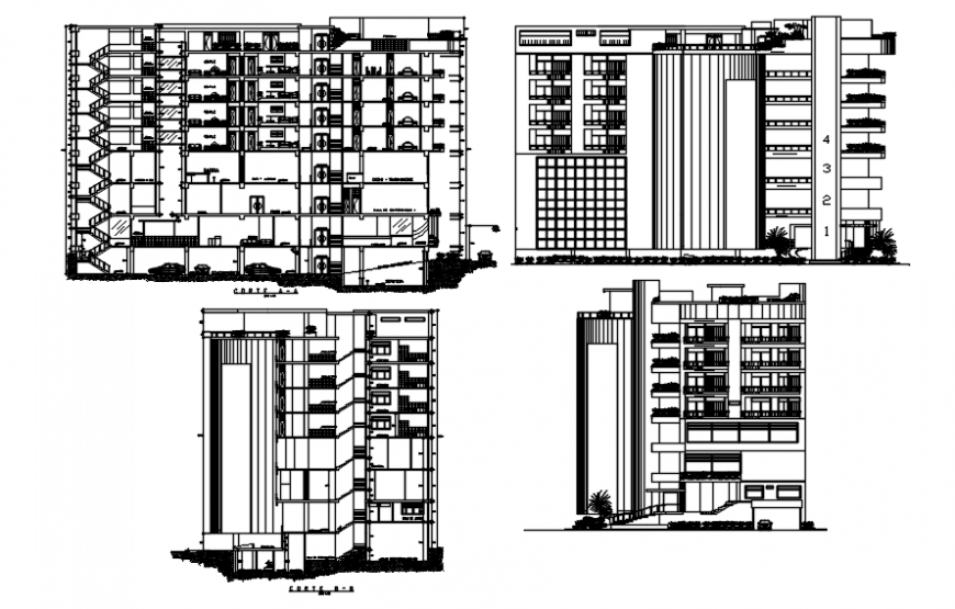 Different axis sectional elevation of hotel in auto cad file
