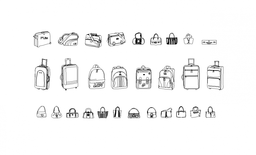 Different design of bags with block view dwg file
