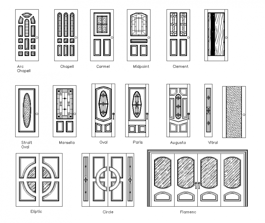 Different design of door with single and double door elevation dwg file