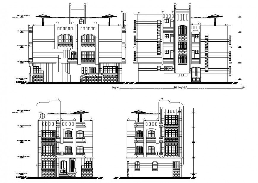 Different elevation and section view bungalows in auto cad file