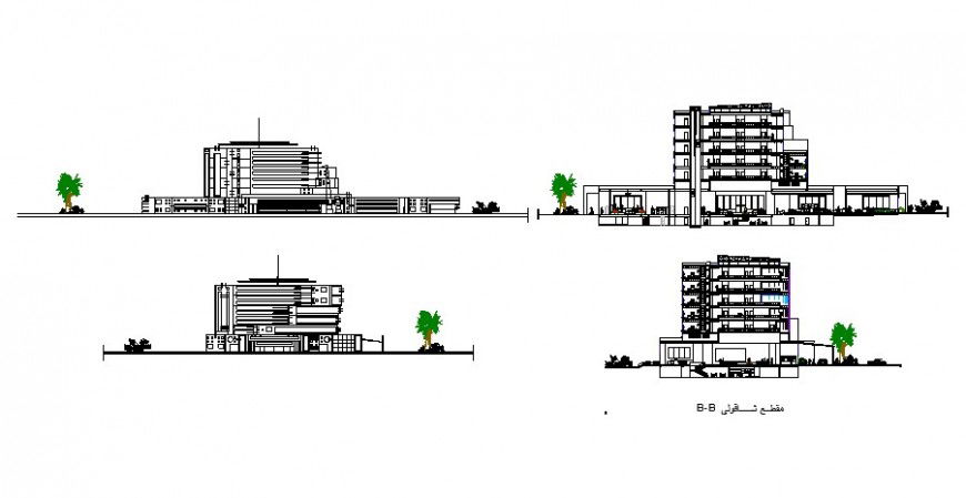 Different elevation and section view of hotel in auto cad
