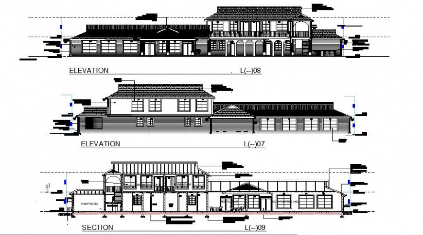 Different elevation of club house in auto cad file