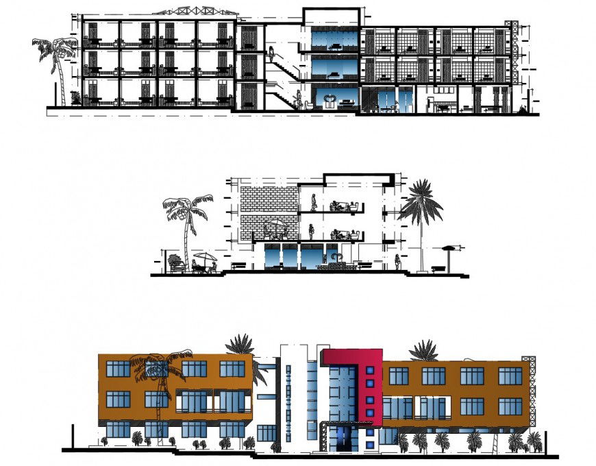 Different elevation of hotel in auto cad software