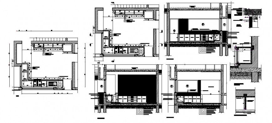 Different elevations and plan detail of kitchen area 2d drawing in this autocad format
