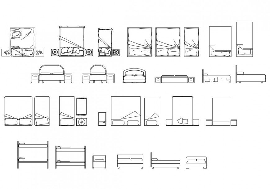 Different elevations of bed detail CAD furniture block autocad file