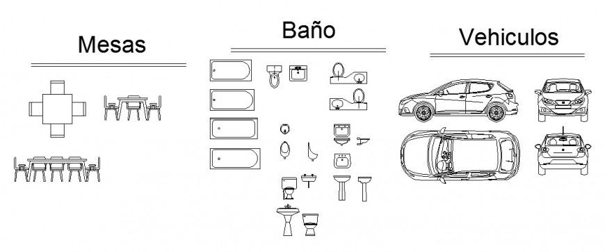 Different furniture and vehicle block details in autocad