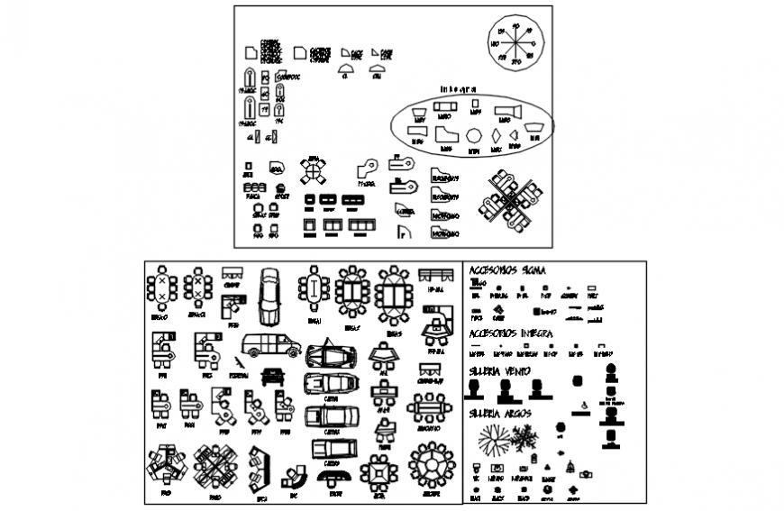 Different furniture block with detail of vehicle and tree block in auto cad