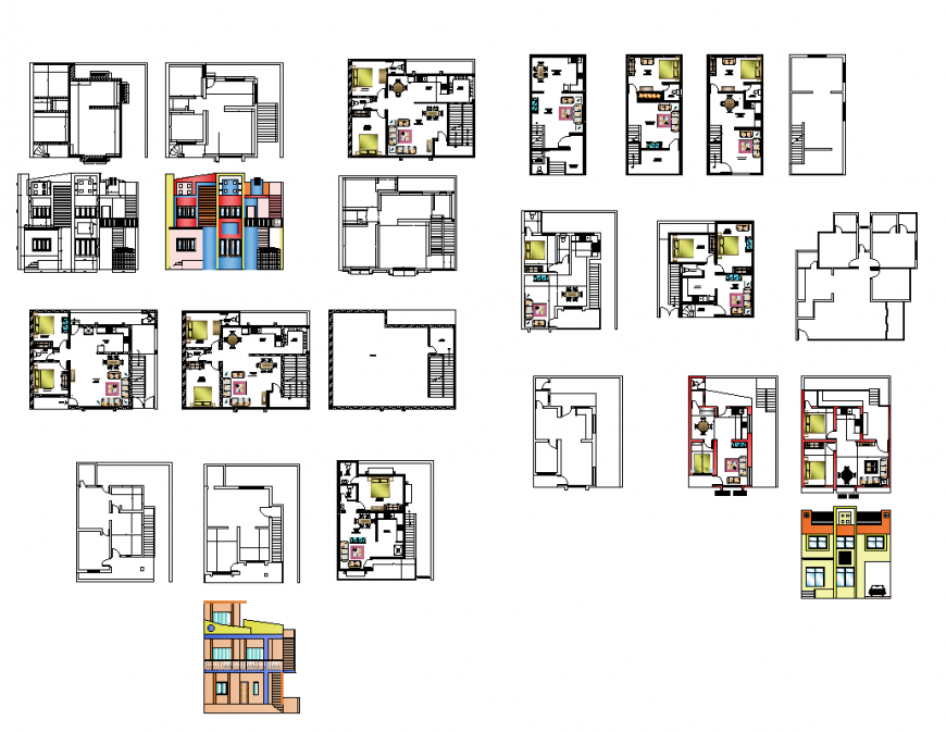 Different housing apartment elevation and plan layout dwg file