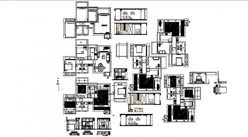 Different housing room details plan and elevation autocad file