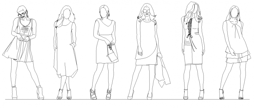 Different models women layout 2d view dwg file