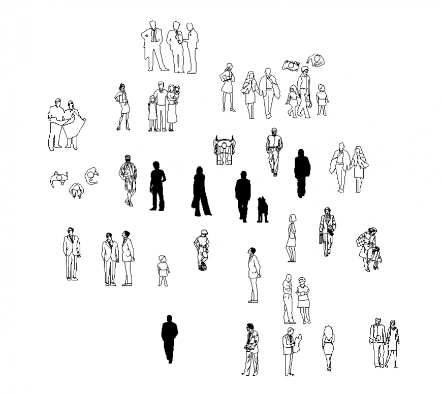Different people CAD blocks structure 2d view layout dwg file