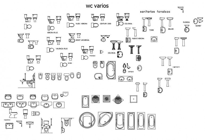 Different sanitary block 2d view layout file in dwg format