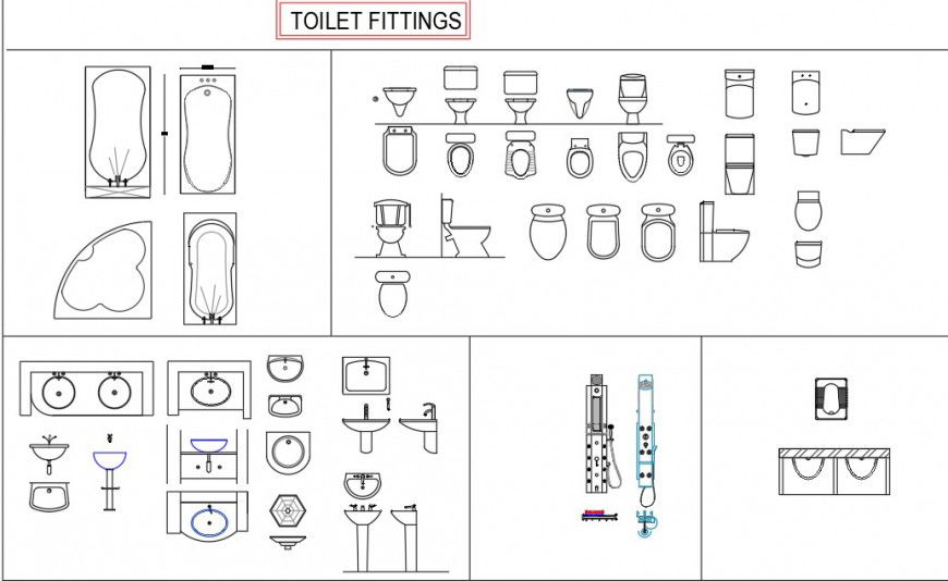 Different sanitary toilet fitting detail 2d view layout file in autocad format