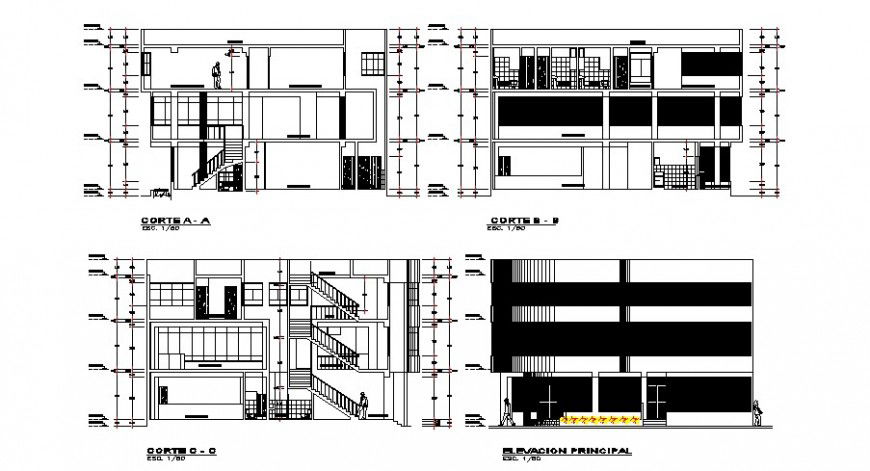 Different section and elevation of hotel in auto cad
