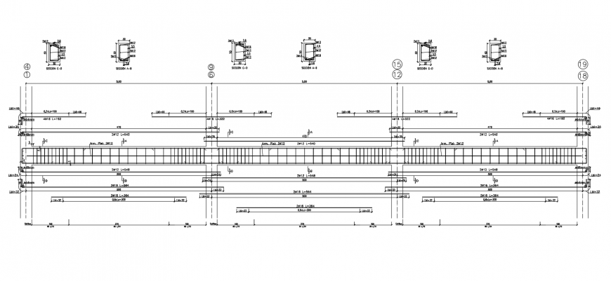 Different section design of beam with its elevation dwg file