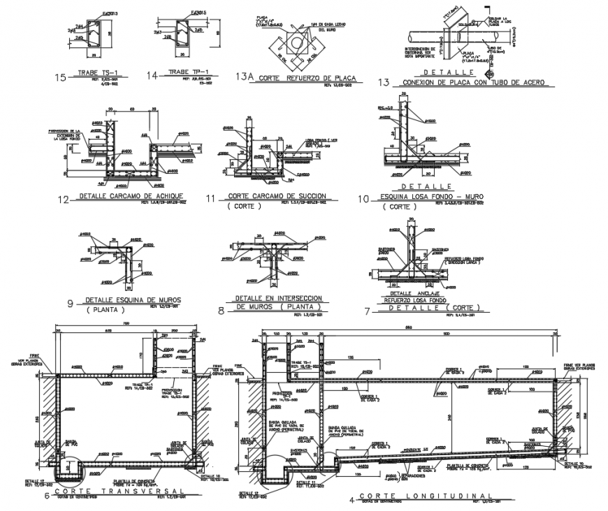 Different section view of column and wall with construction view dwg file