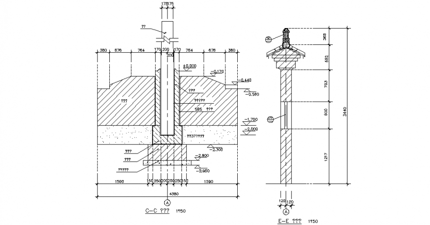 Different section view with construction of foundation and column with roof dwg fle