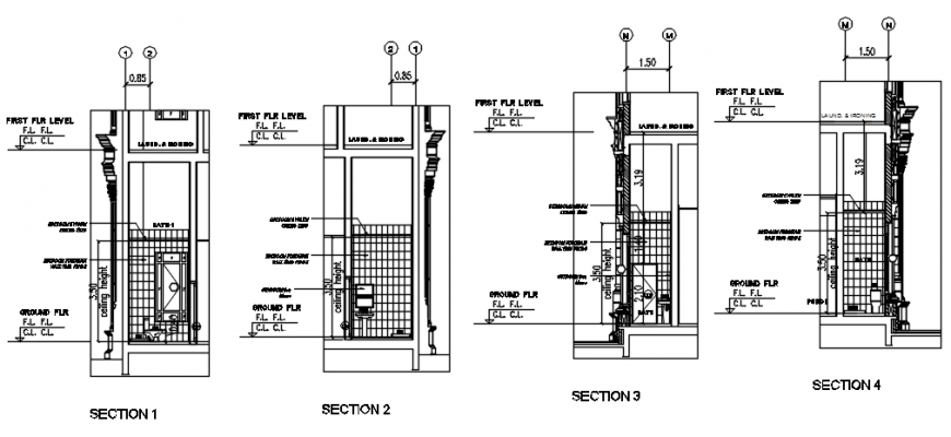 Different sectional detail of bathroom auto cad file