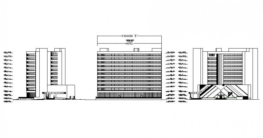 Different side elevation of hotel in auto cad