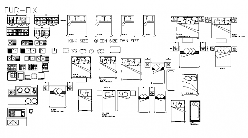 Different size bed top view design dwg file