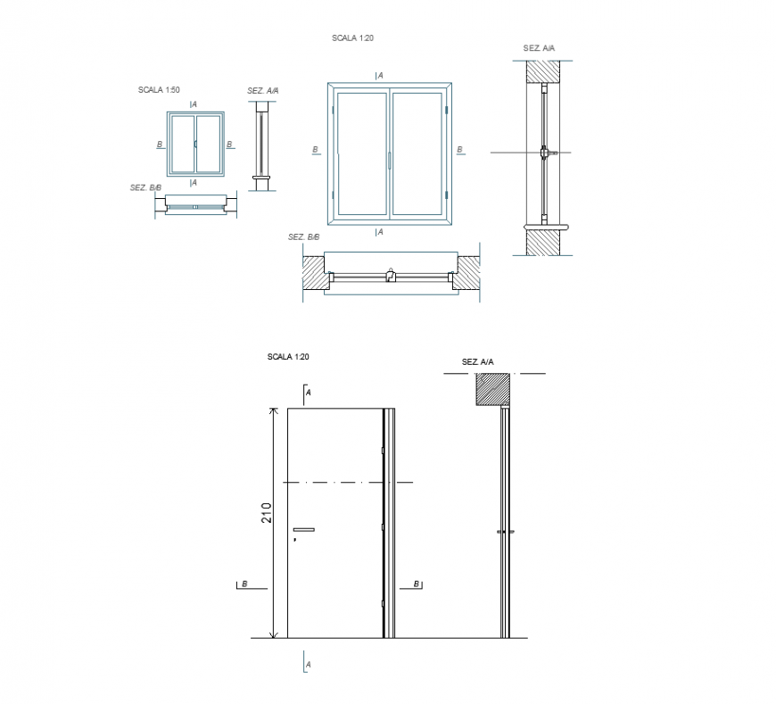 Different size door plan and sectional detail dwg file