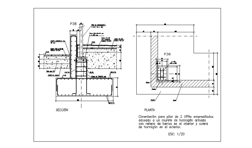 Different solutions of foundation with centered footing para pillars cad structure details dwg file