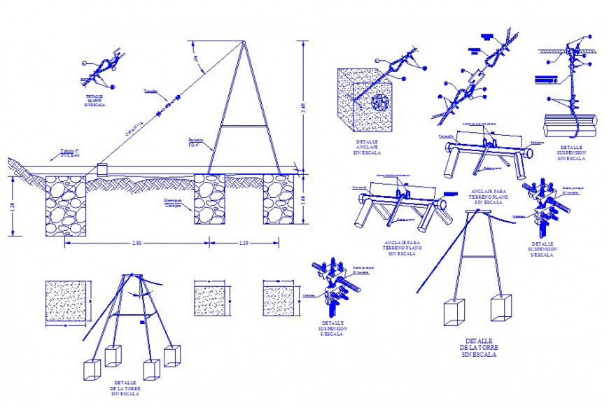 Different steel structure detail of hanging bridge in auto cad