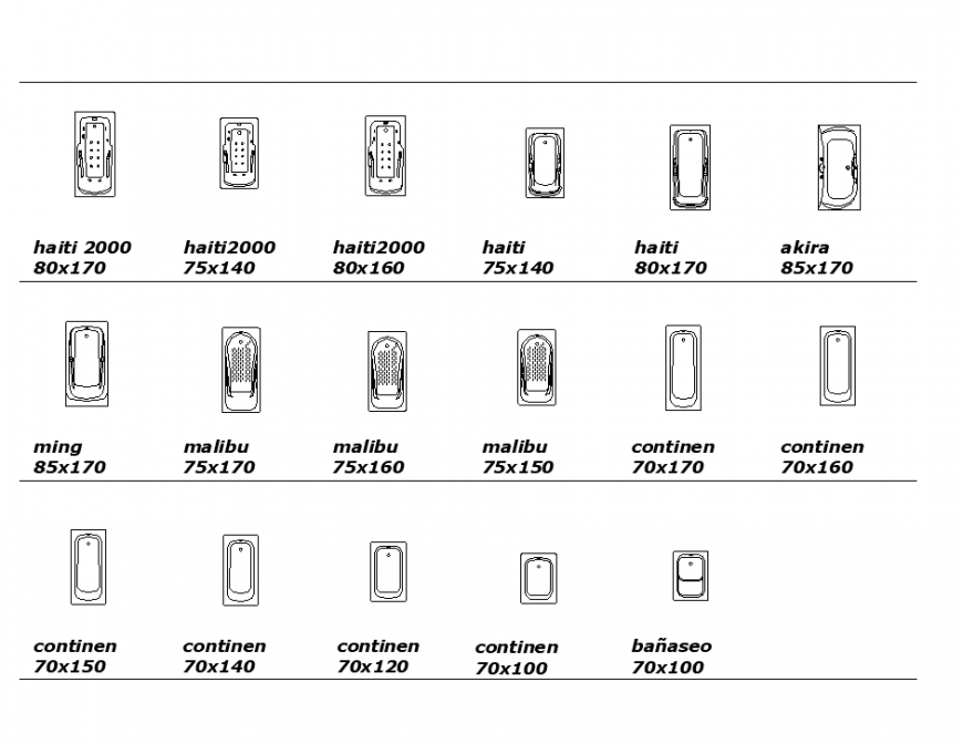 Different style bathtub detail elevation layout 2d view dwg file