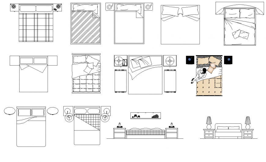 Different style double bed detail elevation dwg file