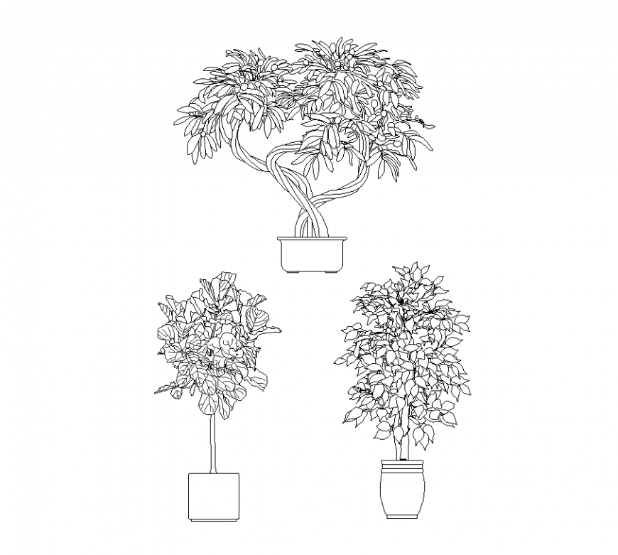 Different tree plant block design with flower pot dwg file