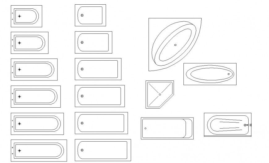 Different type of bath-tub design detail 2d view CAD sanitary block layout autocad file