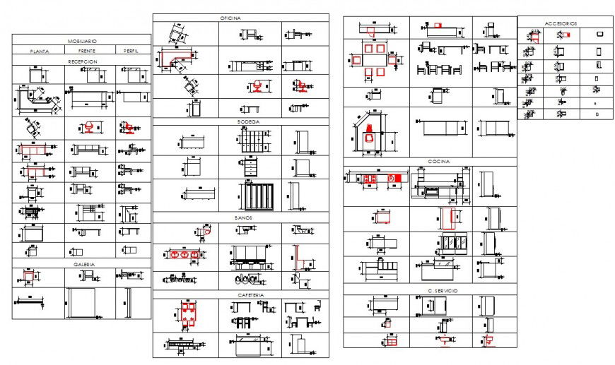 Different type of furniture blocks layout file in dwg format
