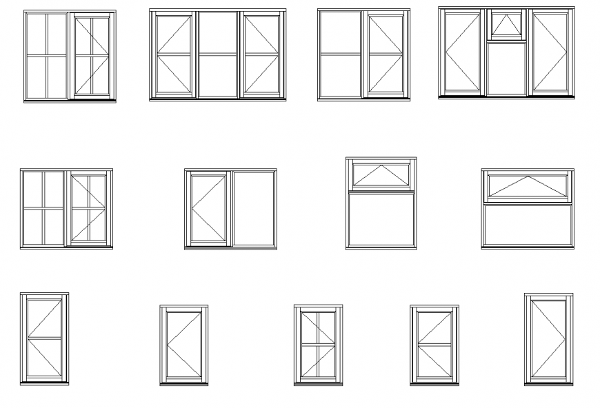 Different type of window detail elevation 2d view layout autocad file