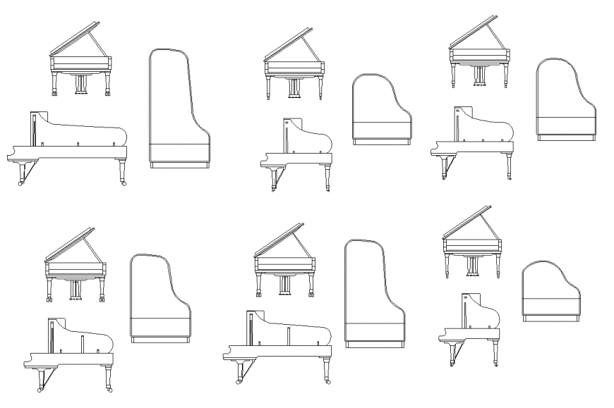 Different types design of plan and elevation of piano dwg file