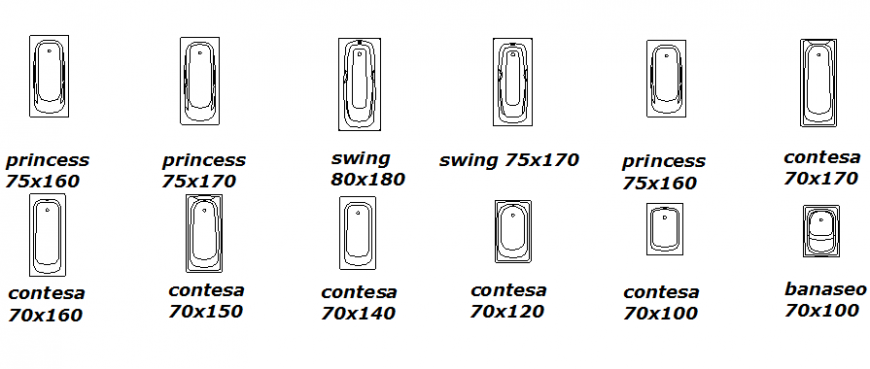 Different types of bathtubs in dwg file.