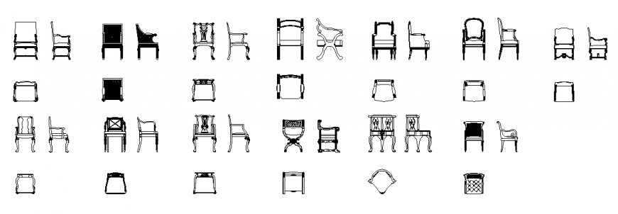 Different types of chair plan,elevation and side view chair set view in design dwg file