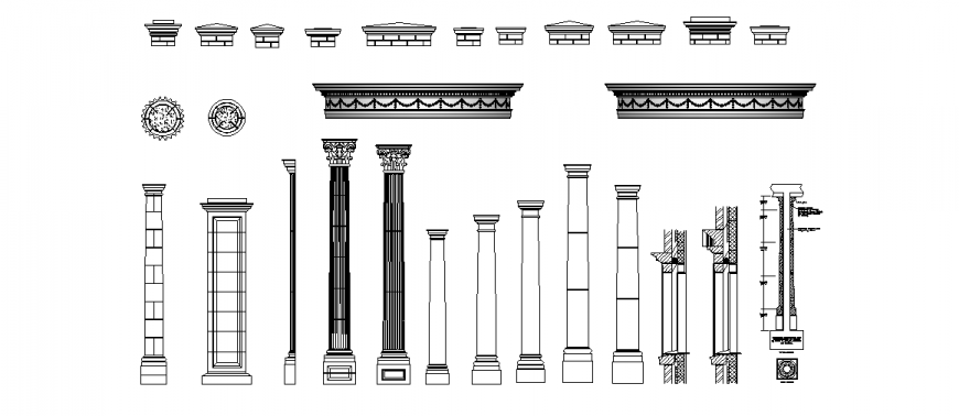 Different types of column and wall border design interior view dwg file