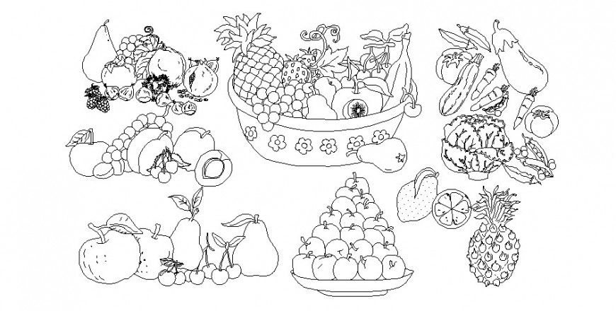 Different types of fruits 2d drawing in autocad