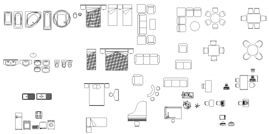 Different types of furniture and sanitary ware drawing in dwg file.