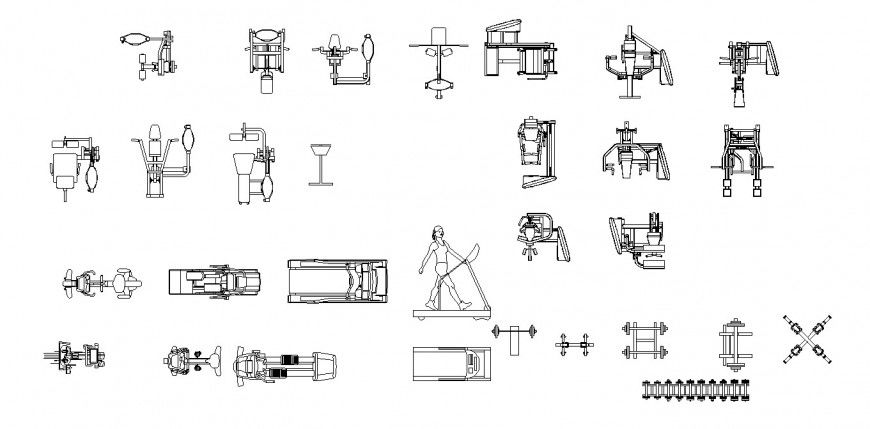Different types of gym equipment drawing in dwg file.