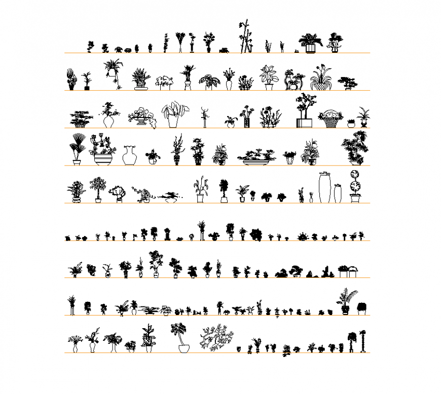 Different types of house plant with flower pot dwg file