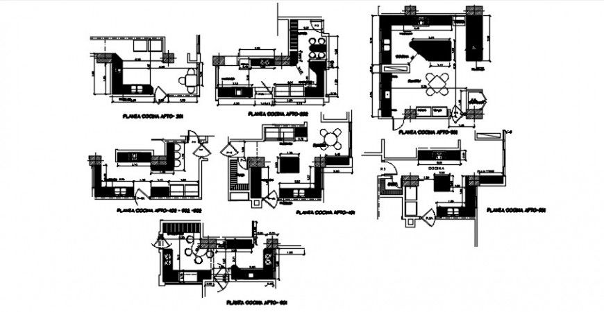 Different types of kitchens plan drawing details of apartment building dwg file