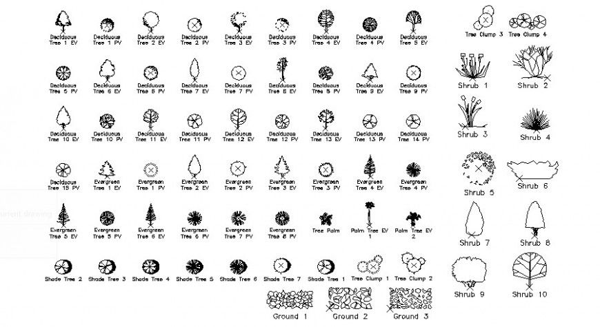 Different types of landscaping trees and plants 2d view autocad file
