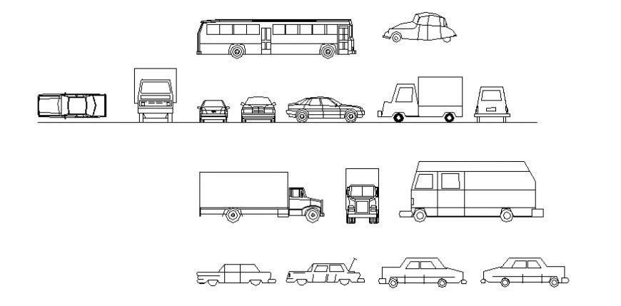 Different types of vehicle block elevation and plan dwg file