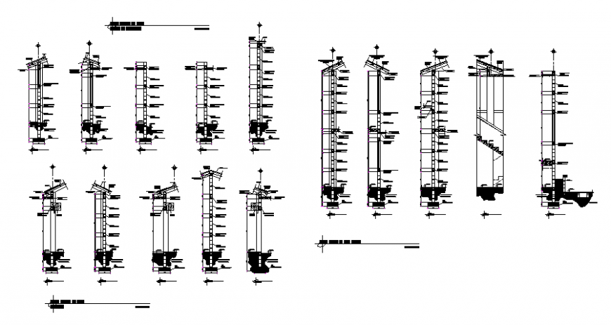 Different types of wall section through building in dwg file.