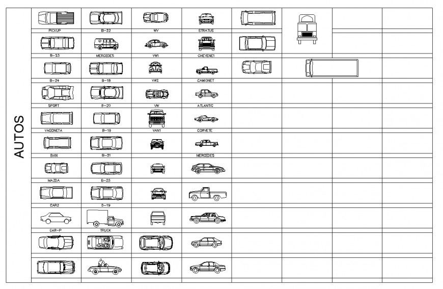Different vehicle blocks detail 2d view layout file in dwg format