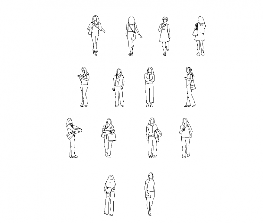 Different wearing style block of women in design dwg file